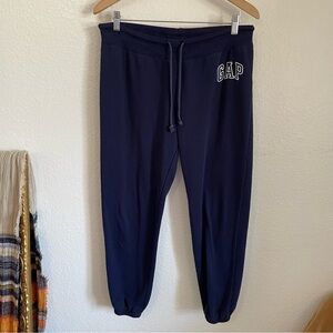 GAP Navy Blue Ankle Jogger Sweatpants Logo Tie Waist Retro Collegiate Spell Out
